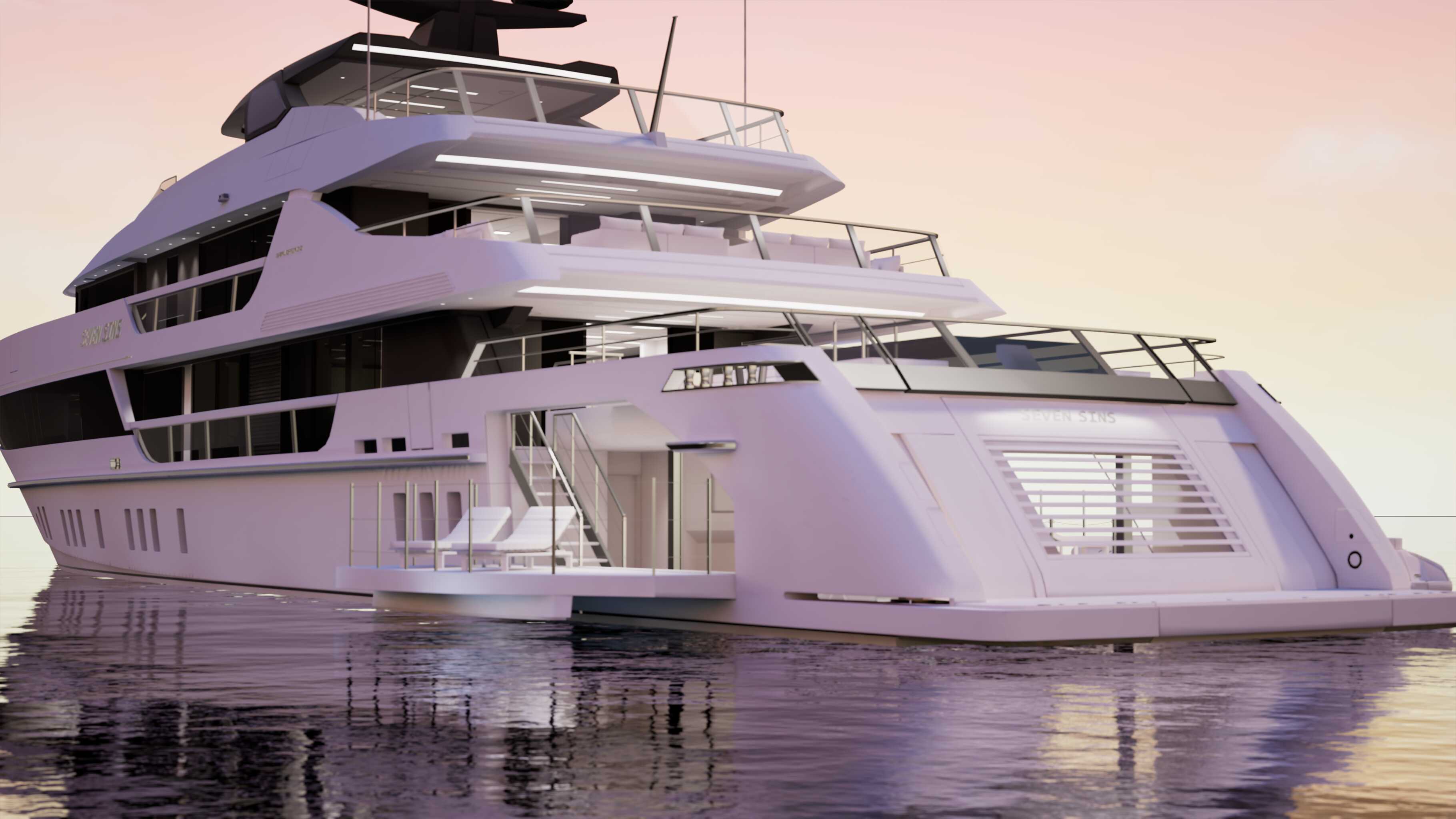 Clay-rendered VR view of a superyacht exterior at sunset from the stern