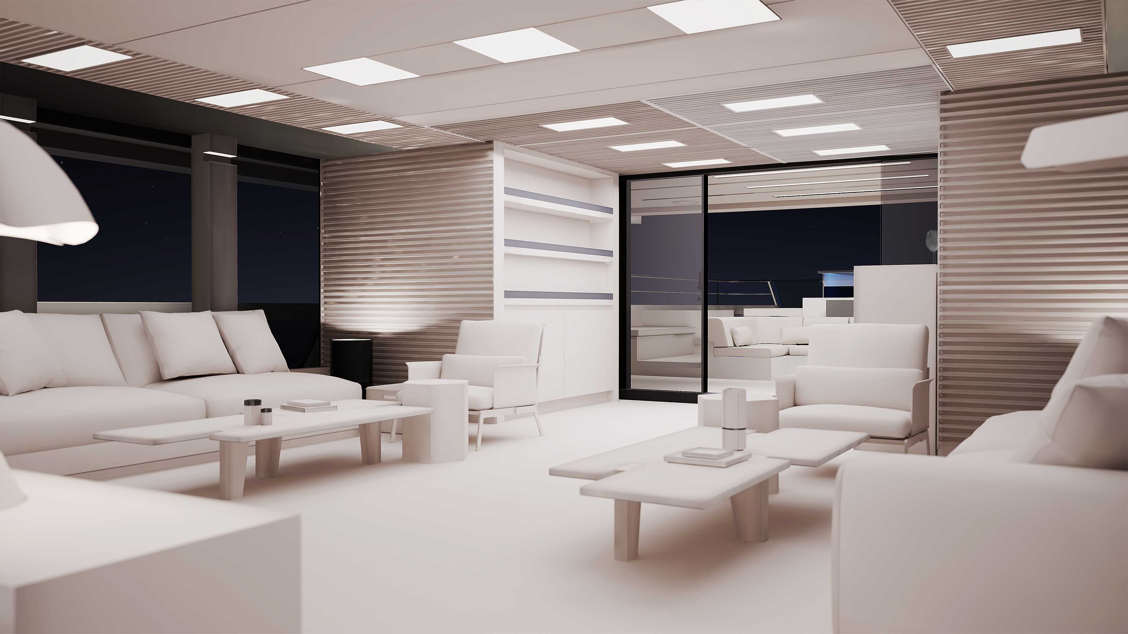 Clay-rendered VR view of a contemporary superyacht interior