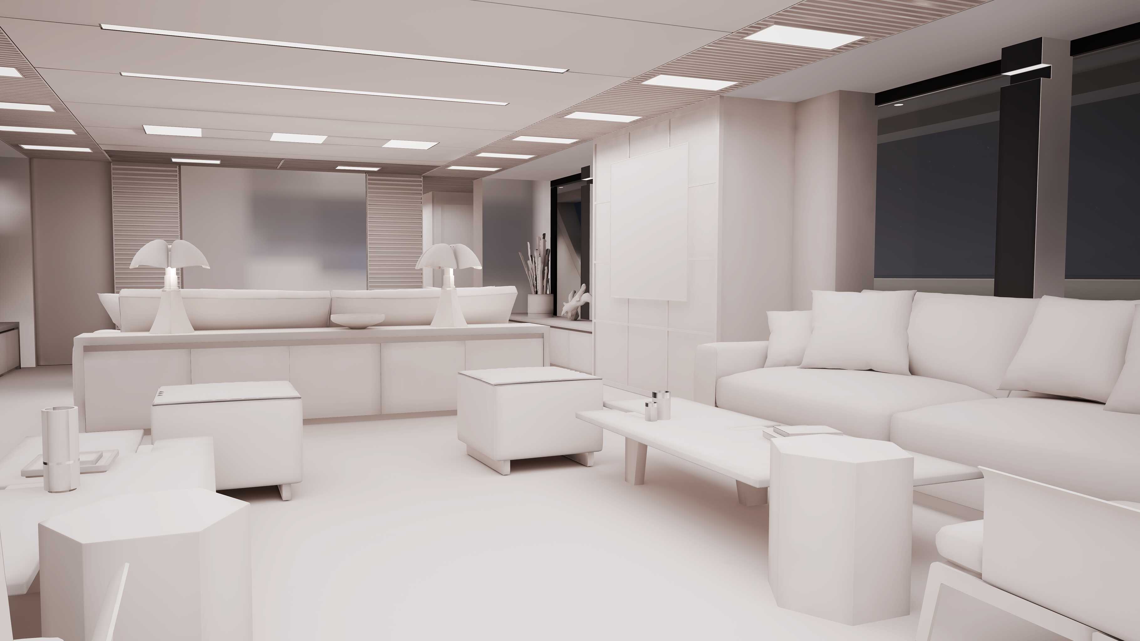 Clay-rendered VR view of a spacious superyacht interior with lounge seating