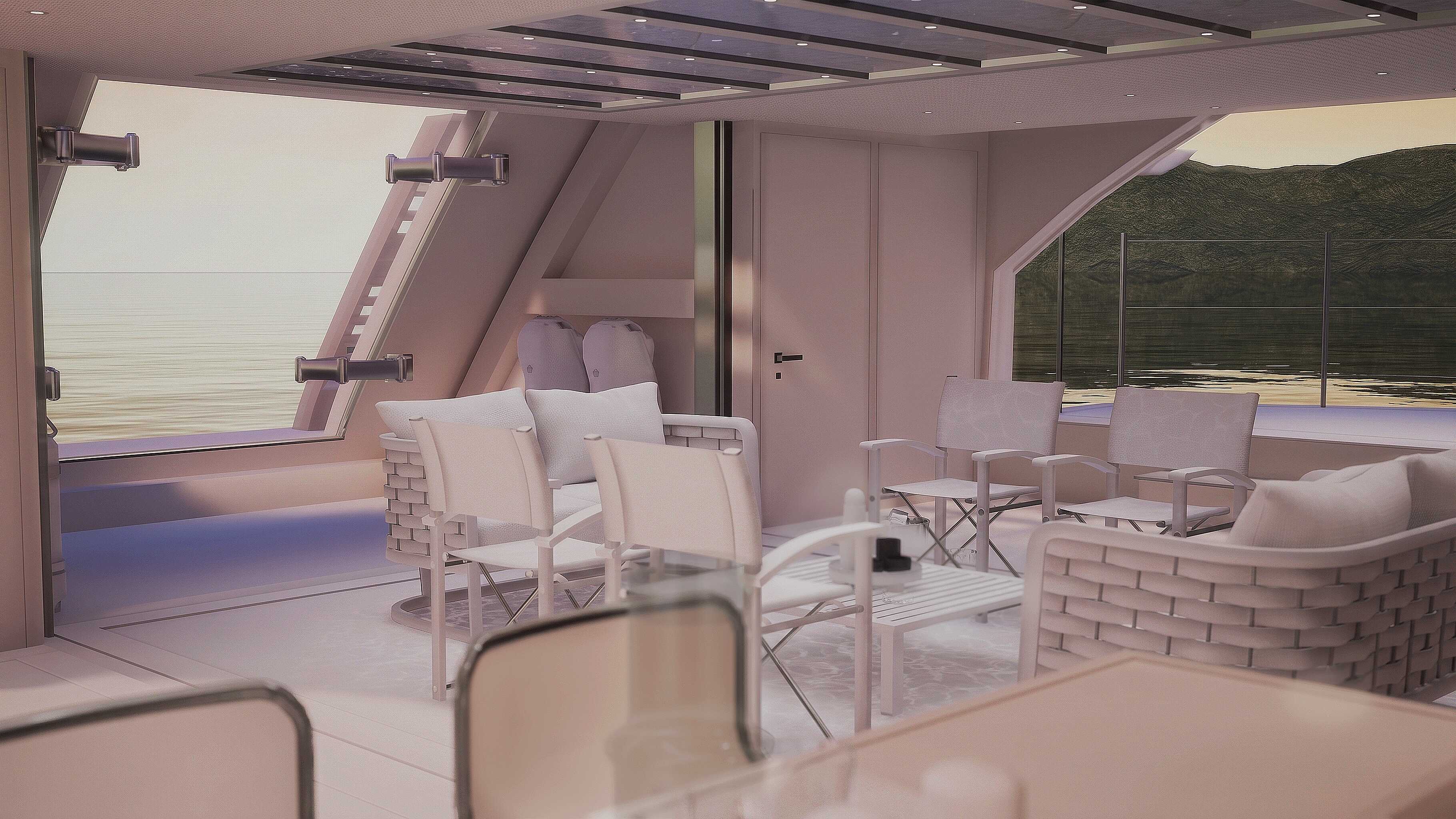 Clay-rendered VR view of a superyacht interior overlooking the water