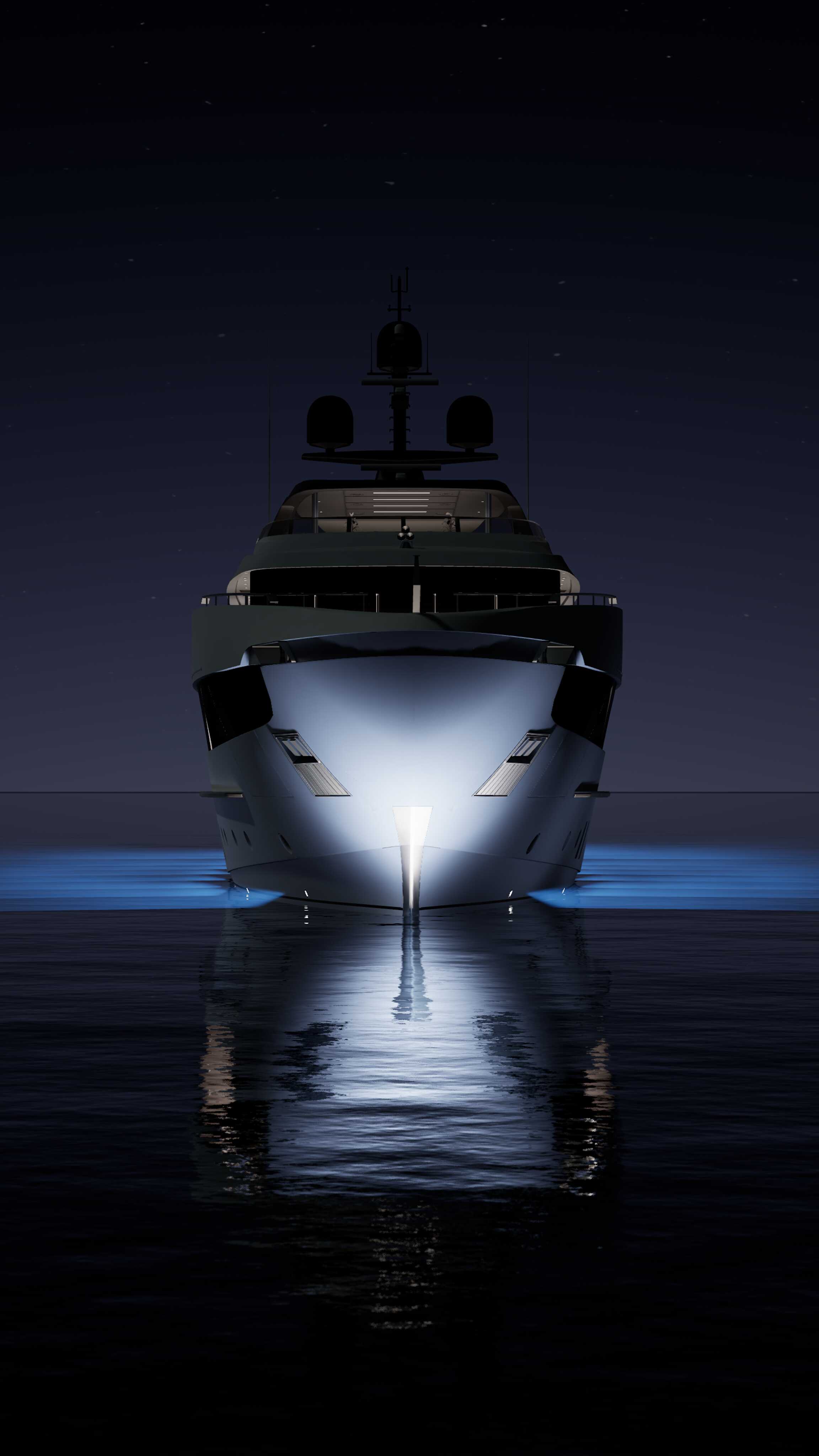 Clay-rendered VR view of the superyacht exterior at night, with the yacht illuminated against the dark water