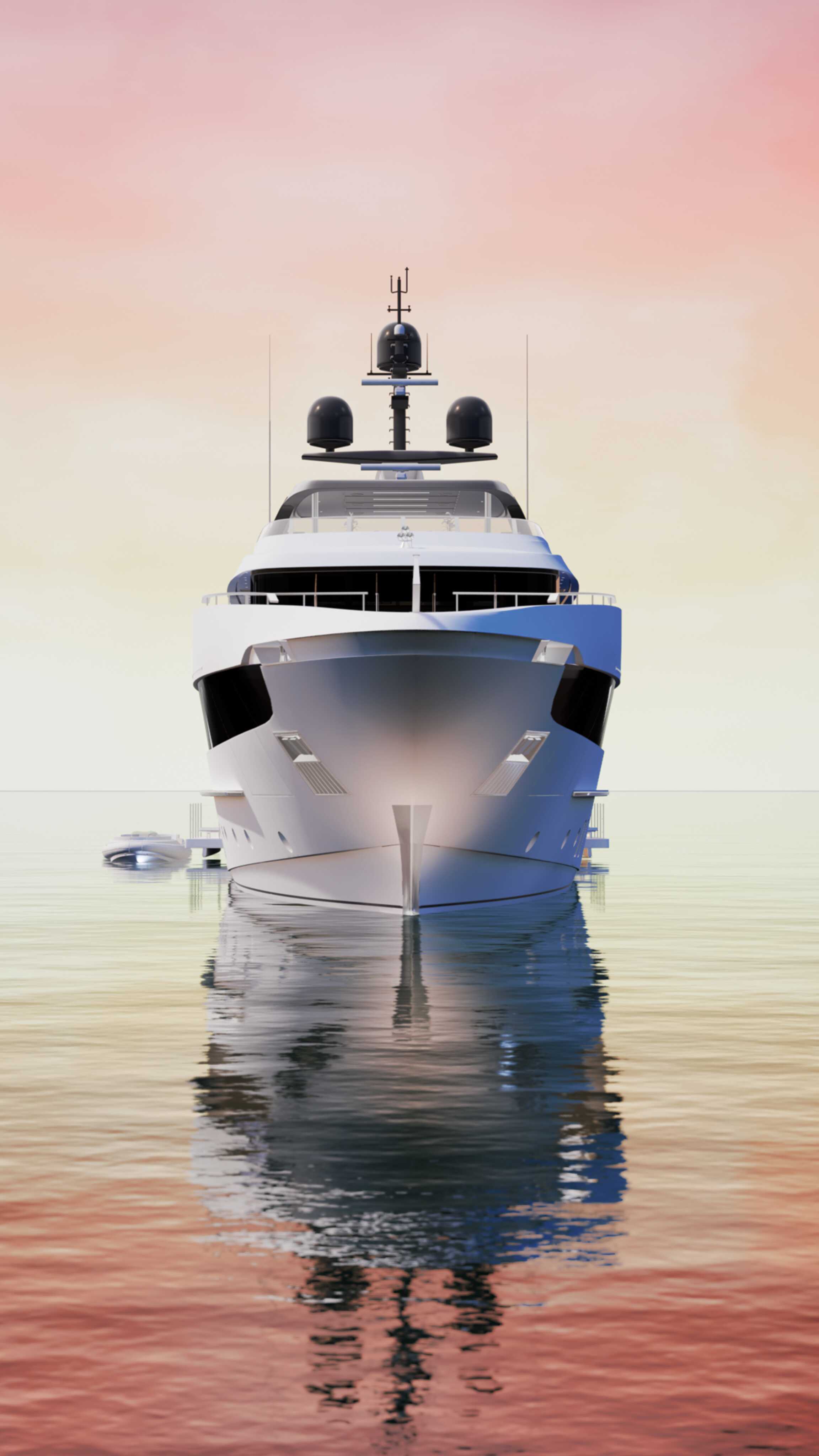 Clay-rendered VR view of the superyacht exterior at sunset, with warm evening light reflected on the water