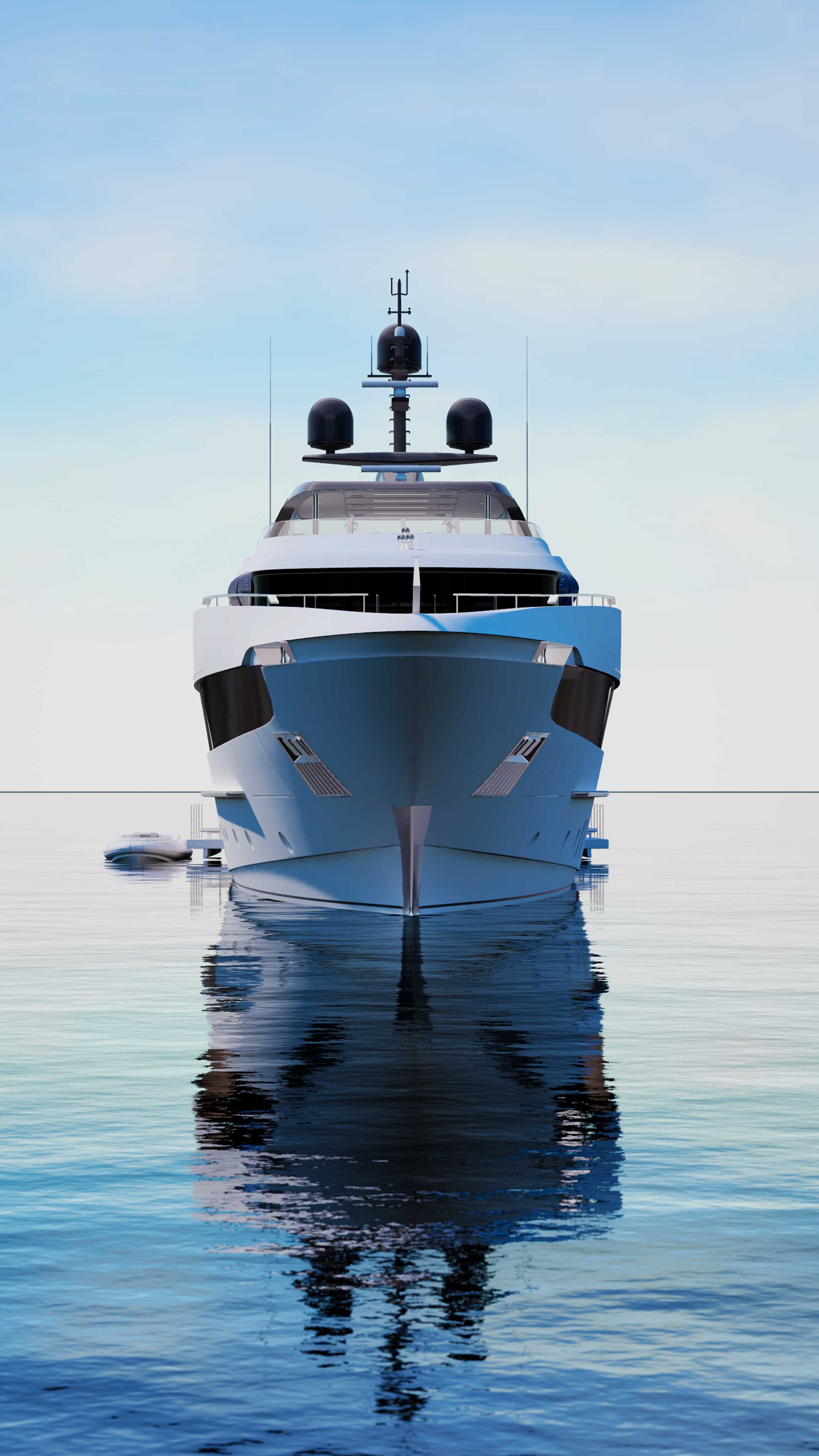 Clay-rendered VR view of the superyacht exterior in daylight, showing the yacht and its reflection on the water
