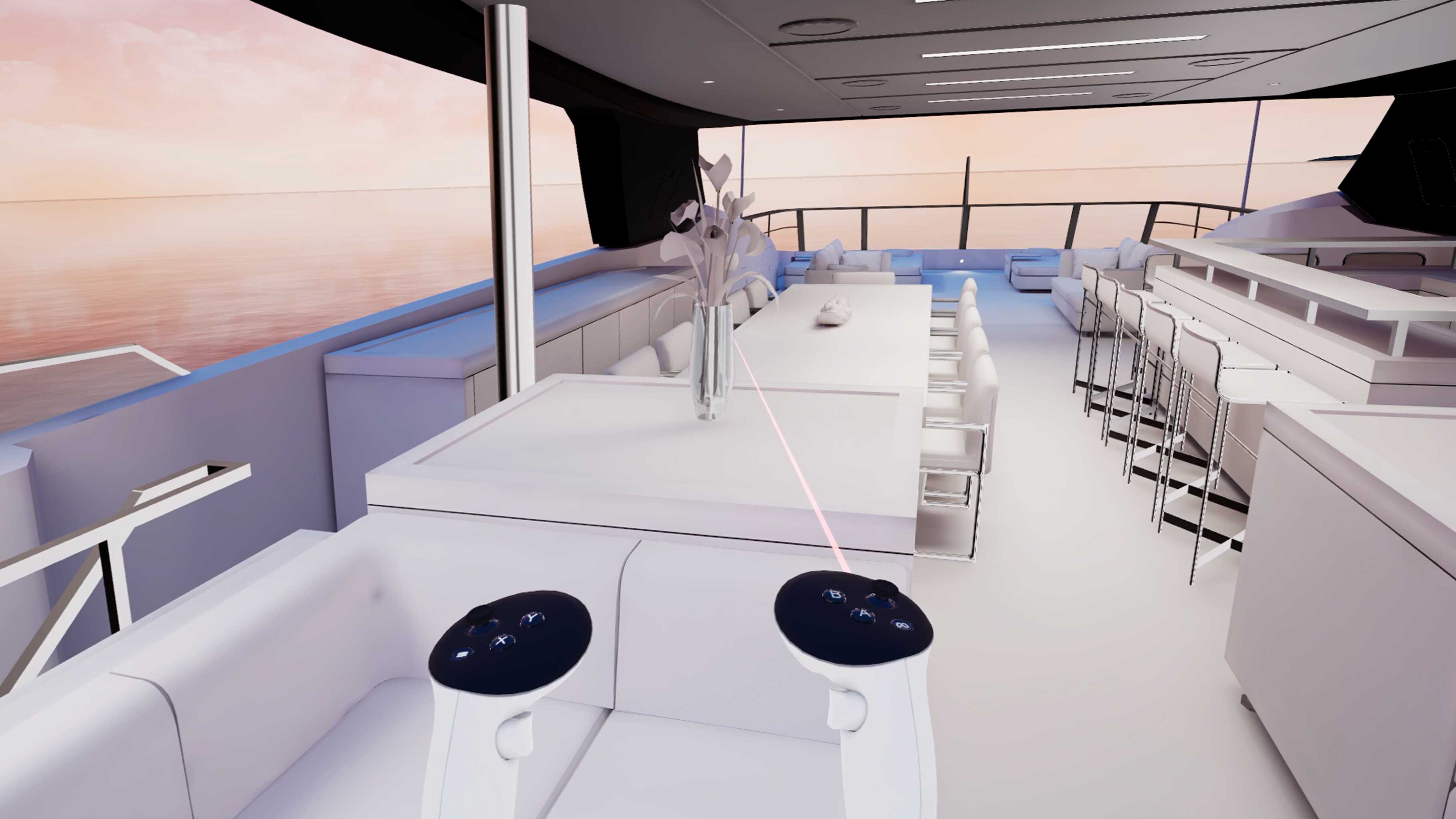 First-person VR view of an exterior superyacht deck with seating and dining areas