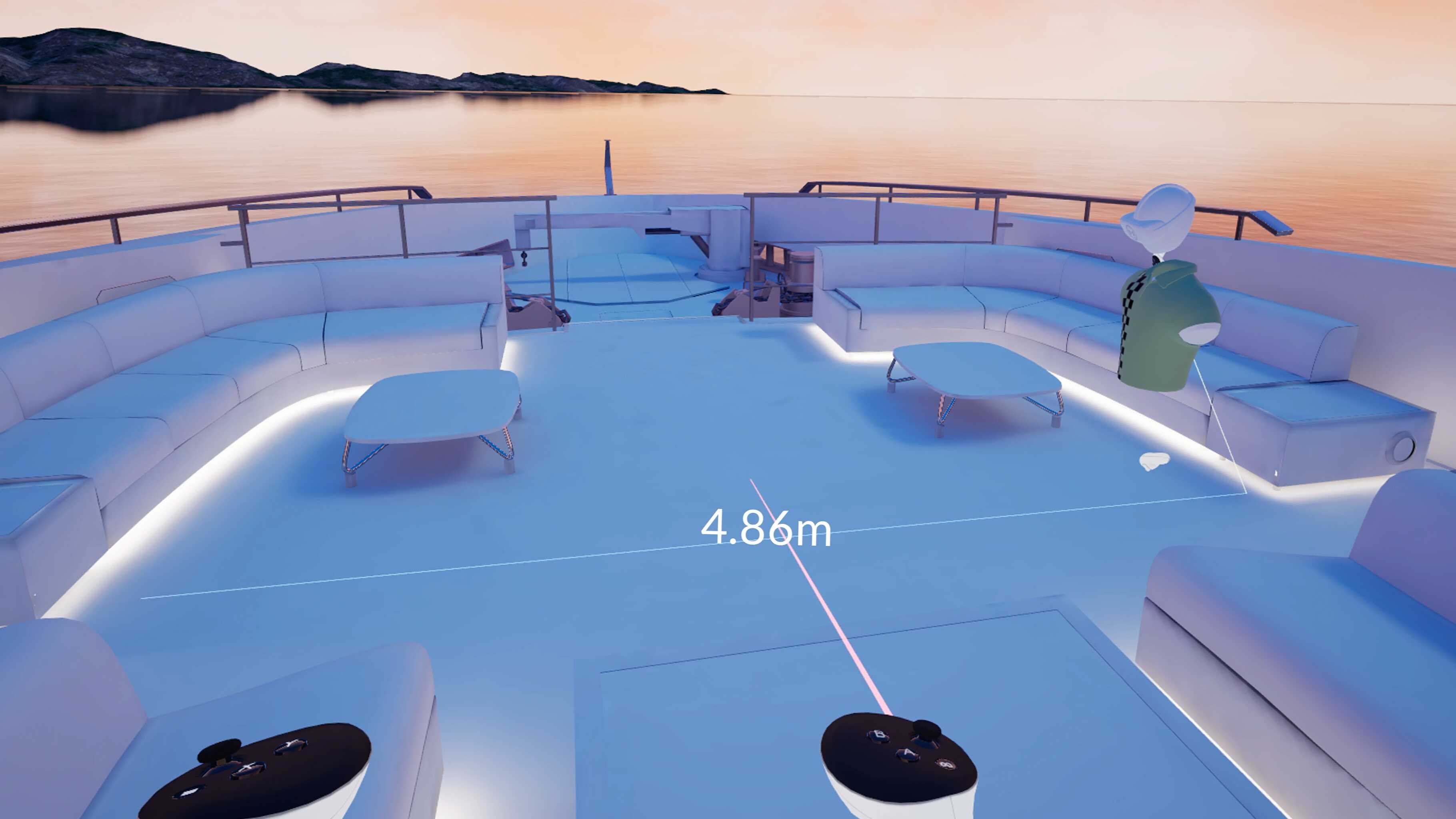 First-person VR view of a superyacht deck with real-world scale measurement