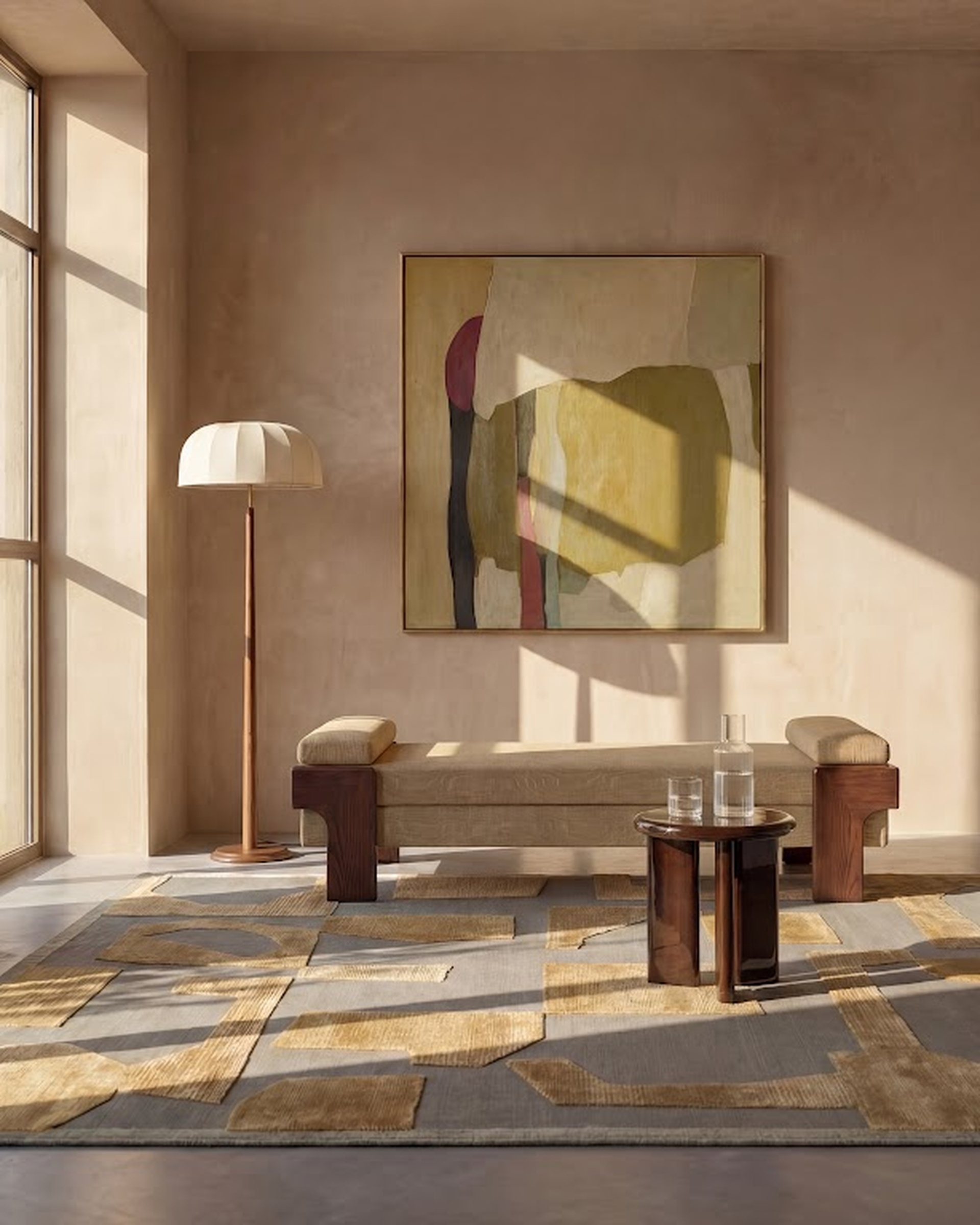 Bespoke product visualisation of an intricately patterned luxury area rug grounding a beautifully curated, neutral-toned interior space with soft, diffused daylight.