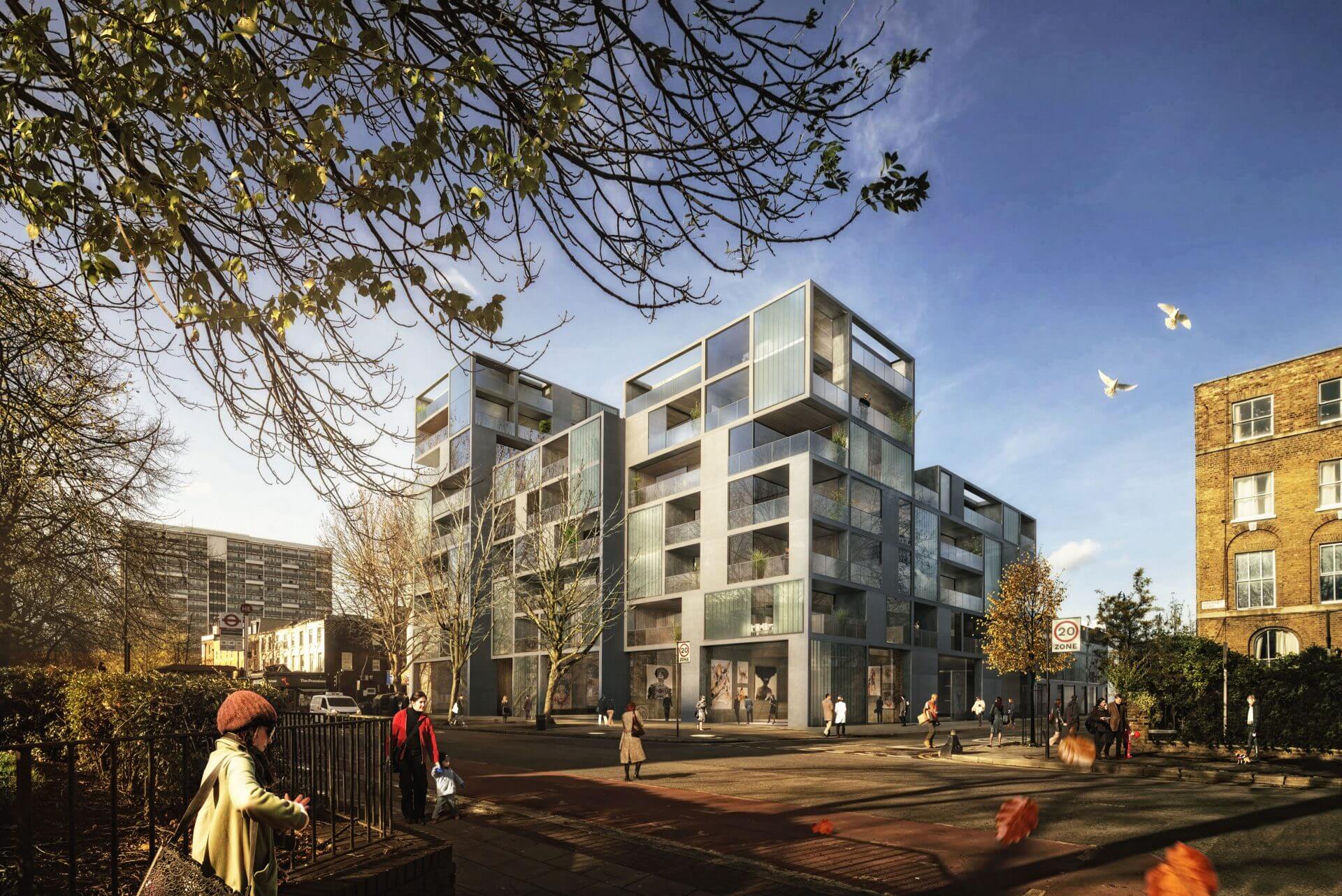 Dramatic Autumnal architectural visualisation of Sheppard Robson's Hackney Road proposal